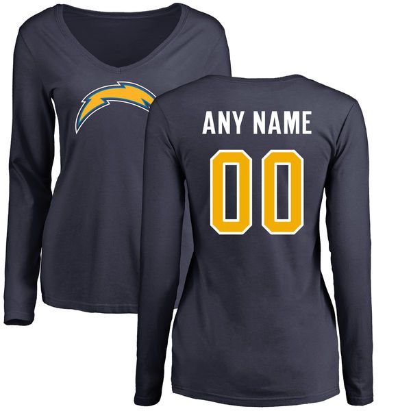 Women Los Angeles Chargers Fanatics Branded Navy Custom Name and Number Slim Fit V-Neck Long Sleeve NFL T-Shirt